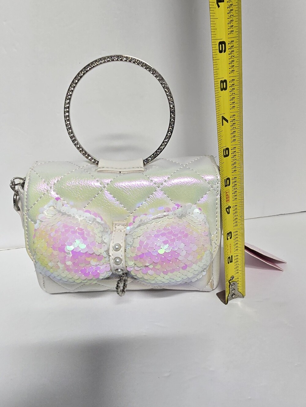NWT OMG Accessories White Pearlescent Sequin Bow Bling Ring Handle Crossbod Bag - Picture 12 of 13
